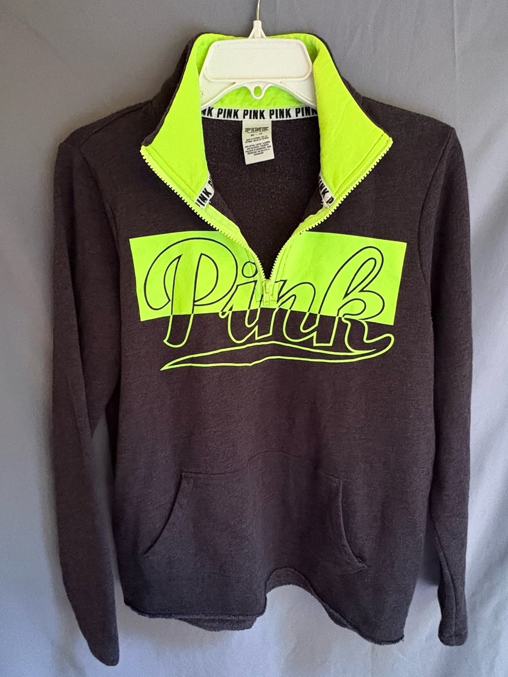 Victoria's Secret PINK Black Quarter-Zip Sweatshirt with Neon Yellow/Green Logo